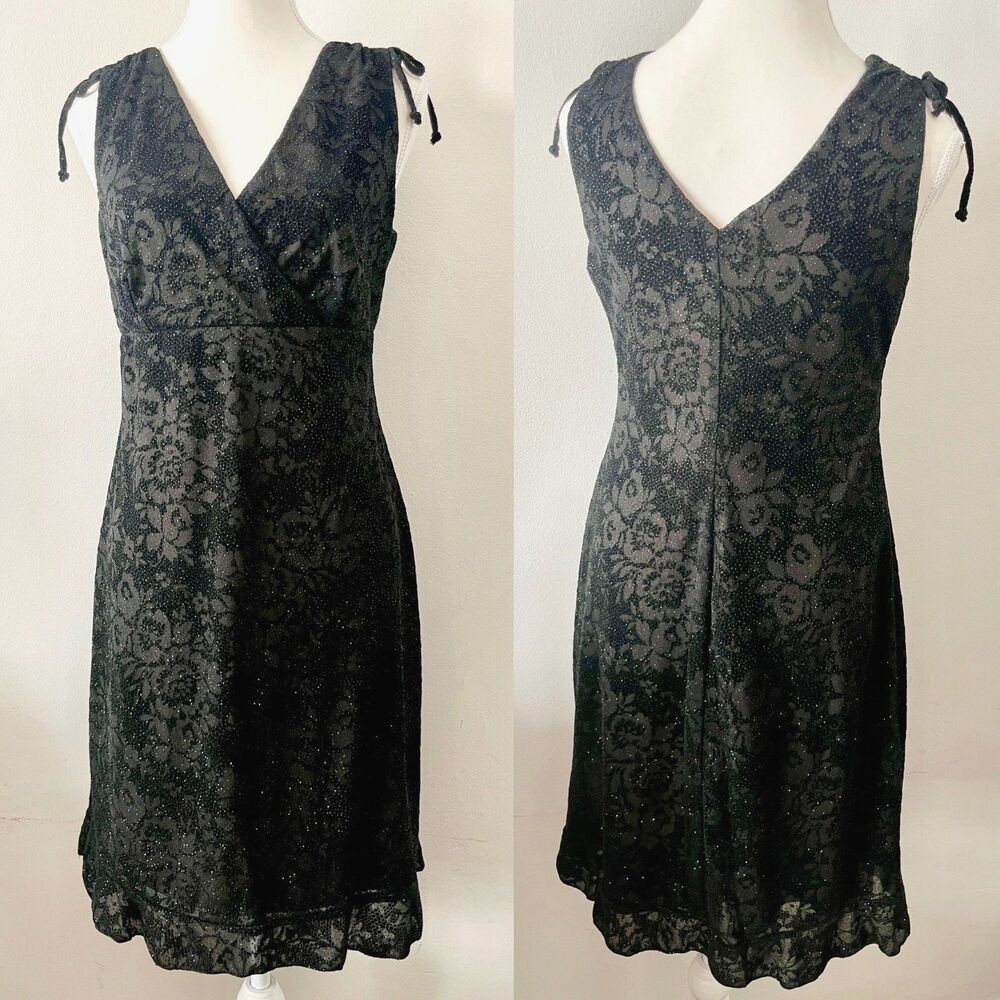 Vtg 90s Whimsygoth Sparkly Black Rose V-Neck Cocktail Dress I.N. Studio Size M